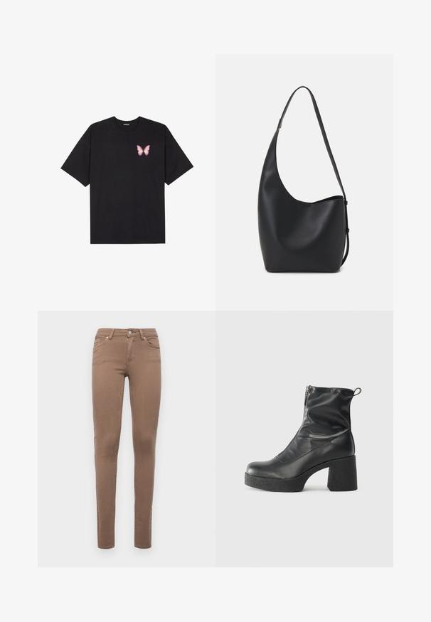 Fekete pamut póló rövid ujjakkal, bal mellkason egy kis rózsaszín pillangó grafikával. Kerek nyakú kialakítás, laza fazonnal.; Barna slim fit farmernadrág, pamut keverékből készült. Öt zsebe van, övlyukakkal és elöl gombos záródással rendelkezik. Simább textúrájú.; Fekete bokacsizmák sima bőrből, oldalsó cipzárral, vastag, texturált sarkú és lekerekített orrú dizájnnal.; Fekete bőr hobo táska sima textúrával, ívelt formával és egyetlen állítható pánttal; széles nyílás található a tetején.