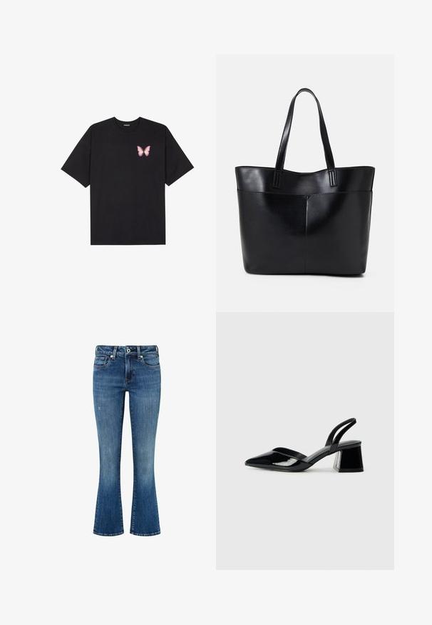 Musta puuvillapaita lyhyillä hihoilla, jossa on pieni vaaleanpunainen perhosgrafiikka vasemmassa rinnassa. Pyöreä kaula-aukko ja rento istuvuus.; Farkku leveälahkeiset housut keskipunaisena, joissa on haalistunut viimeistely. Ominaisuuksiin kuuluvat viisi taskua, vyölenkit ja kontrastivärinen ommel saumoissa.; Mustat patentoitu nahkakengät, joissa on säären takaosa ja terävä kärki, sekä geometrinen palikkakorko. Sisältää tyylikkään, minimalistisen muotoilun ja sileän pinnan.; Musta nahkainen kassi, jossa on kaksi pitkää kahvaa, sileä pinta ja jämäkkä muoto. Sisältää etutaskun lisävarastointia varten.