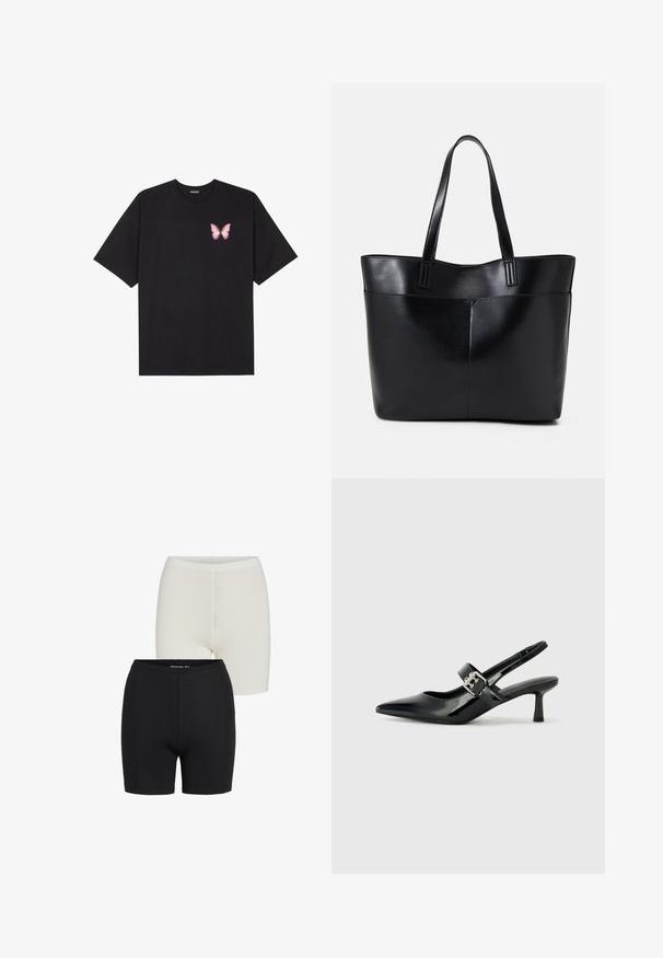 Fekete pamut póló rövid ujjakkal, bal mellkason egy kis rózsaszín pillangó grafikával. Kerek nyakú kialakítás, laza fazonnal.; Fekete-fehér, rugalmas anyagú, varrás nélküli rövidnadrág, elasztikus derékkal és sima felülettel.; Fekete lakkbőr slingback sarkú cipők hegyes orral és kis blokk talppal, ezüst csat díszítéssel a pánton.; Fekete bőr bevásárlótáska két hosszú fogantyúval, sima felülettel és strukturált formával. Elülső zseb található rajta a plusz tárolás érdekében.
