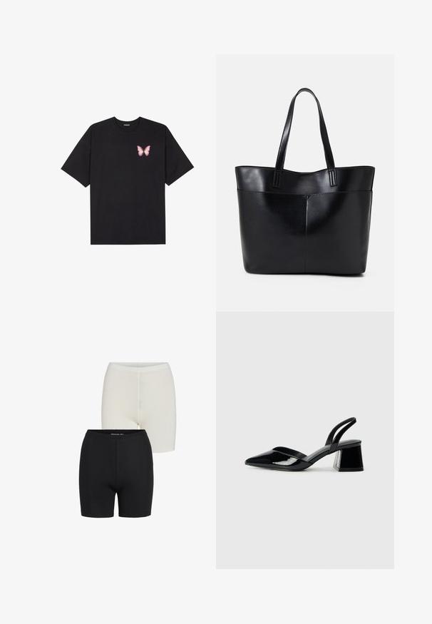 Črna bombažna majica s kratkimi rokavi, ki ima majhen roza metuljček na levi strani prsnega dela. Majica s krožnim ovratnikom in sproščenim krojem.; Črne in bele raztegljive kratke hlače brez šivov, z elastičnim pasom in gladko teksturo.; Črne lakirane slingback pete s koničastim nosom in geometrijsko blokasto peto. Imajo eleganten, minimalističen dizajn in gladko teksturo.; Črna usnjena torba z dvema dolgima ročajema, gladko teksturo in strukturirano obliko. Ima sprednji žep za dodatno shranjevanje.