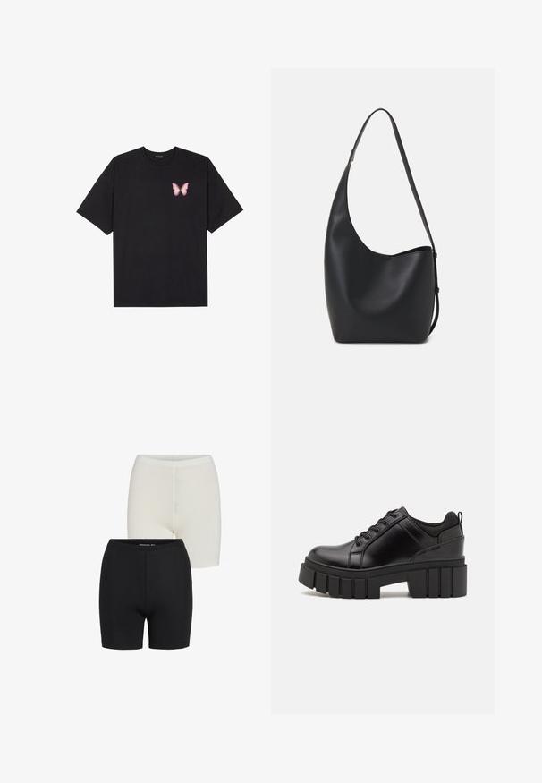 Crna pamučna majica s kratkim rukavima, s malim grafičkim prikazom ružičaste vjetricaste s desne strane na prsima. Dizajn s okruglim izrezom i opuštenim krojem.; Crno-bijele rastezljive kratke hlače bez šavova, s elastičnom gumom u struku i glatkom teksturom.; Crne kožne platforme s debelim blok-peta, okruglim prstima i klasičnim dizajnom vezanja. Imaju gladak tekstur i minimalne detalje.; Crna kožna hobo torba s glatkom teksturom, zakrivljenim oblikom i jednom podesivom trakicom; ima širok otvor na vrhu.