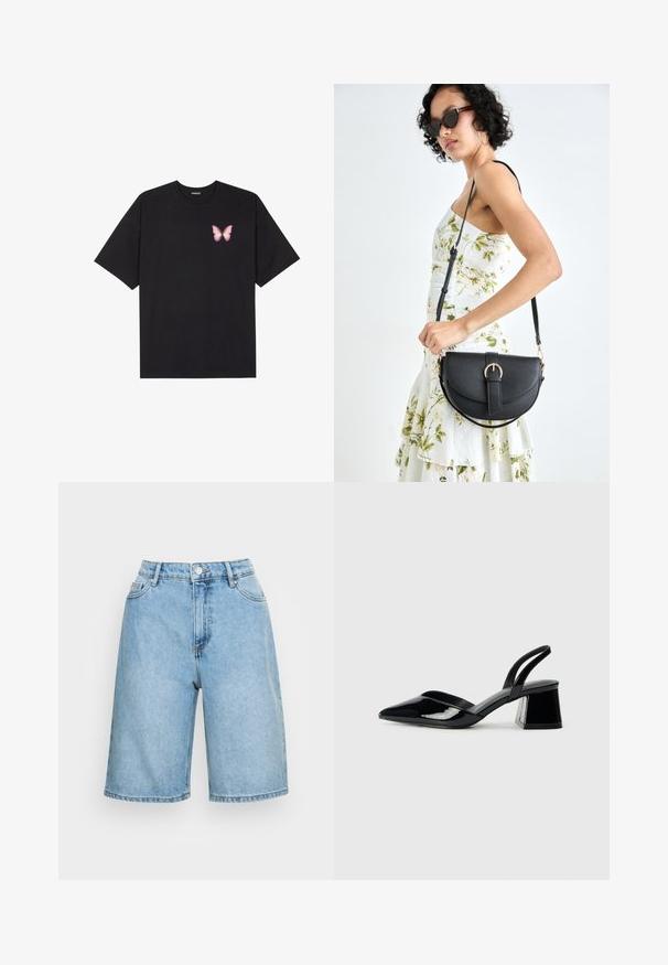 Fekete pamut póló rövid ujjakkal, bal mellkason egy kis rózsaszín pillangó grafikával. Kerek nyakú kialakítás, laza fazonnal.; Világoskék farmer rövidnadrág magas derékkal, gombos záródással, öt zsebbel, és kényelmes fazonnal, amely a comb közepéig ér.; Fekete lakk bőr szandálkés magas sarkú cipő, hegyes orral és geometrikus tömbsarkakkal. Karcsú, minimalista dizájn és sima textúra jellemzi.; Fekete bőrtáska ívelt formával, levehető pánttal és arany színű fémrészekkel. A táskán egy csattal díszített fedél található.