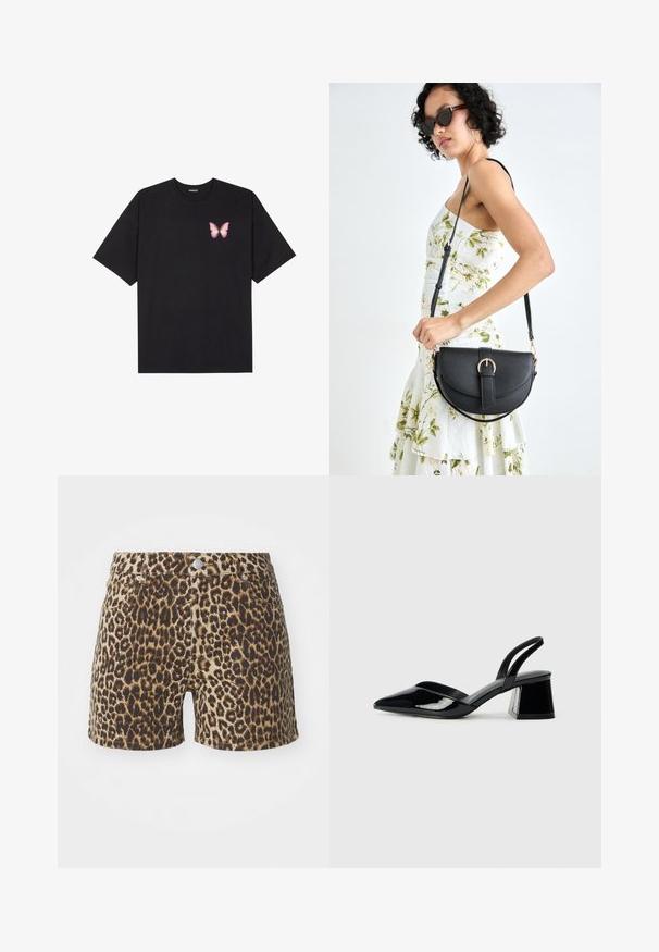 T-shirt en coton noir à manches courtes, avec un petit graphique de papillon rose sur la poitrine gauche. Modèle à col rond avec une coupe décontractée.; Shorts en imprimé léopard dans des tons beiges et bruns, avec des poches, une fermeture à bouton et une coupe ajustée. Fabriqués en tissu léger.; Escarpins en cuir verni noir avec bout pointu et talon bloc géométrique. Présente un design élégant et minimaliste ainsi qu'une texture lisse.; Sac à main en cuir noir avec une forme courbée, bandoulière amovible et des accessoires en or. Le sac est doté d'un rabat avec un détail de boucle.