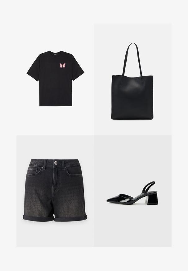 T-shirt nera in cotone con maniche corte, caratterizzata da una piccola grafica di una farfalla rosa sul lato sinistro del petto. Design a girocollo con una vestibilità rilassata.; Shorts in denim nero con orlo arrotolato, design a cinque tasche e chiusura frontale con bottone. Il tessuto ha una finitura leggermente sbiadita.; Décolleté in vernice nera con punta affusolata e tacco in geometria cubica. Presentano un design elegante e minimalista, con una texture liscia.; Borsa tote in pelle nera con texture liscia, forma rettangolare e due manici lunghi. Nessun hardware o decorazione visibile.