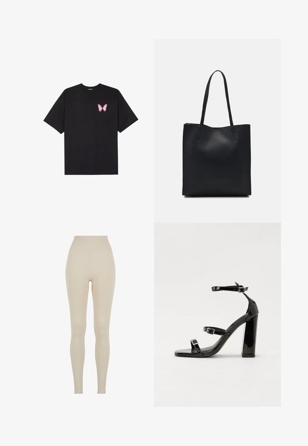 Zwarte katoenen t-shirt met korte mouwen, voorzien van een kleine roze vlinder graphic op de linkerkant van de borst. Crew neck ontwerp met een relaxte fit.; Beige legging gemaakt van rekbare stof met een hoge tailleband; gladde textuur, aansluitende silhouet, geen zichtbare patronen of hardware details.; Zwarte gepatenteerde sandalen met hak en een vierkante neus, enkelbandjes en zilveren gespen. Heeft een stevige blokhak voor stabiliteit.; Zwarte leren handtas met een gladde textuur, rechthoekige vorm en twee lange handvaten. Geen zichtbare hardware of versieringen.