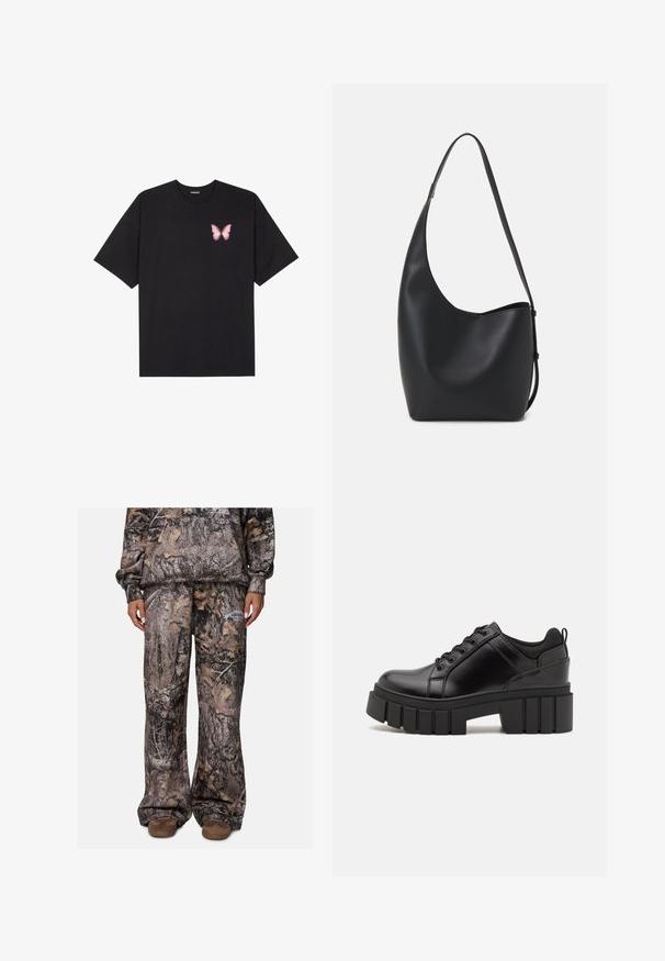 T-shirt en coton noir à manches courtes, avec un petit graphique de papillon rose sur la poitrine gauche. Modèle à col rond avec une coupe décontractée.; Pantalons de jogging à motif camouflage avec une coupe décontractée, fabriqués dans un matériau doux aux teintes de brun, gris et beige. Comprend des poches latérales.; Chaussures à plateforme en cuir noir avec un talon bloc épais, bout rond et un design traditionnel à lacets. Elles présentent une texture lisse et un détail minimal.; Sac hobo en cuir noir avec une texture lisse, une forme incurvée et une seule sangle réglable ; dispose d'une large ouverture en haut.