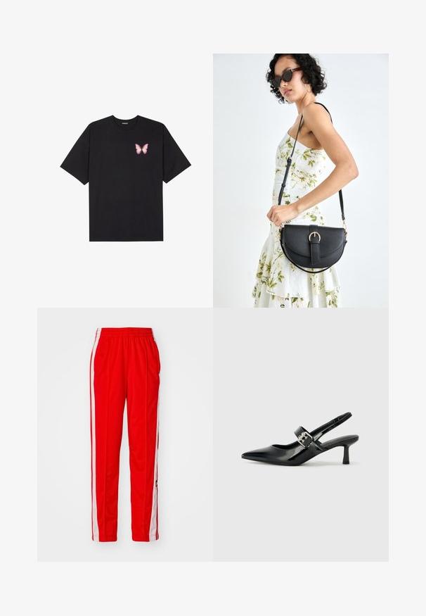 T-shirt de algodão preto com mangas curtas, apresentando um pequeno gráfico de borboleta rosa no lado esquerdo do peito. Design de gola redonda com um corte solto.; Calças desportivas vermelhas com riscas brancas nas laterais, cintura elástica, corte reto, textura suave e um discreto detalhe de logótipo perto da bainha.; Saltos slingback em verniz preto com bico pontiagudo e um pequeno salto bloco, apresentando um detalhe de fivela prateada na tira.; Bolsa de couro preta com forma curva, alça destacável e detalhes em dourado. A bolsa possui uma aba com detalhe de fivela.