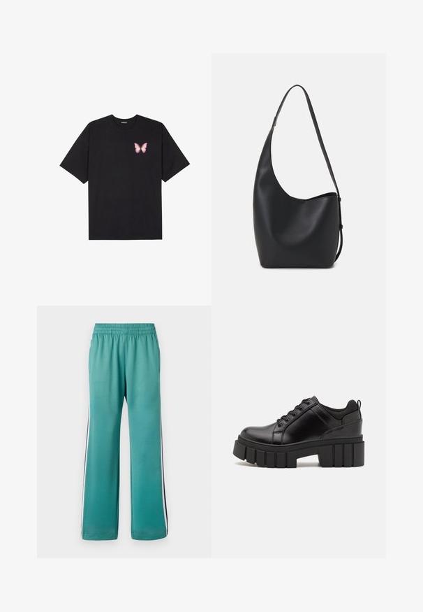 Melna kokvilnas T-krekls ar īsām piedurknēm, kuram priekšā kreisajā pusē ir neliels rozā tauriņa grafiskais attēls. Ar apaļu kaklu un brīvā stila piegriezumu.; Turbālu bikses ar elastīgu jostu, plata kāju piegrieztne un sānu svītras tumši zilā un baltā krāsā. Gluda auduma virsma ar matētu apdari.; Melnas ādas platformas kurpes ar masīvu bloku papēdi, apaļu purngalu un tradicionālu saistīšanas dizainu. Izceļas ar gludu tekstūru un minimālu apdari.; Melnas ādas hobo soma ar gludu tekstūru, izliekta forma un vienu regulējamu jostu; augšā ir plaša atvere.