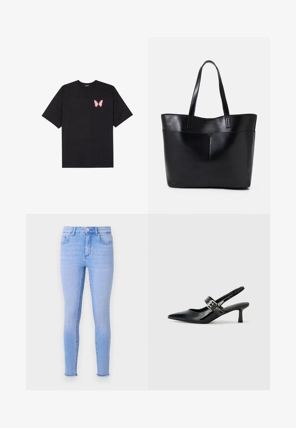 Črna bombažna majica s kratkimi rokavi, ki ima majhen roza metuljček na levi strani prsnega dela. Majica s krožnim ovratnikom in sproščenim krojem.; Svetlo modre ozke traperice iz denima, z visokim pasom, petimi žepi in rahlo strganim robom na gležnjih.; Črne patent usnjene slingback pete s koničastim nosom in majhnim blok peto, ki vključujejo srebrno zaponko na traku.; Črna usnjena torba z dvema dolgima ročajema, gladko teksturo in strukturirano obliko. Ima sprednji žep za dodatno shranjevanje.