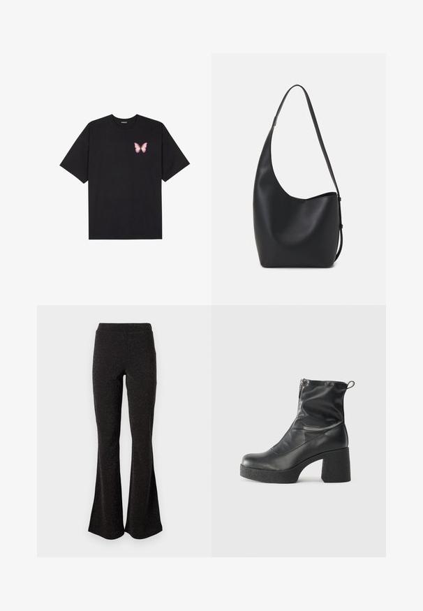 Tricou negru din bumbac cu mâneci scurte, având pe partea stângă a pieptului un mic grafic cu un fluture roz. Design cu guler rotund și croială lejeră.; Pantaloni negri evazați, realizați dintr-un material strălucitor. Aceștia au un talie lată și o textură fină, cu evazare de la genunchi până la margine.; Bocanci negri de glezna din piele netedă, cu fermoar lateral, toc texturat și masiv, și design cu vârf rotund.; Geantă hobo din piele neagră, cu o textură netedă, formă curbată și un singur bretele ajustabil; are o deschidere largă în partea de sus.