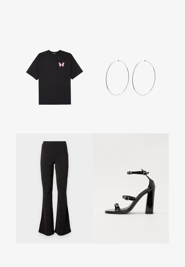 Svart bomullströja med korta ärmar, med en liten rosa fjärilsgrafik på vänster bröst. Rundad halsdesign med en avslappnad passform.; Svarta utsvängda byxor i ett glittrande material. De har en bred midja och en mjuk textur med svängning från knäna till fållen.; Svarta lackerade klacksandaler med fyrkantig tå, ankelremmar och silverfärgade spännen. Har en kraftig blockklack för stabilitet.; Silverfärgade hoopörhängen med en slät, rund design och en polerad yta. De är tunna och lätta, med en enkel spänne.