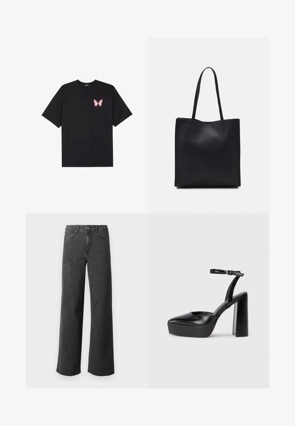 Tricou negru din bumbac cu mâneci scurte, având pe partea stângă a pieptului un mic grafic cu un fluture roz. Design cu guler rotund și croială lejeră.; Blugi cu picioare largi din denim gri închis, cu o textură subtilă de model zebra, cusături în contrast și un design cu cinci buzunare, având un nasture pentru închidere.; Pantofi cu toc platformă negri, cu vârful ascuțit și curea reglabilă la gleznă. Confecționați din piele netedă, având un toc gros.; Geantă tote neagră din piele, cu textură netedă, formă rectangulară și două mânere lungi. Fără hardware vizibil sau ornamente.