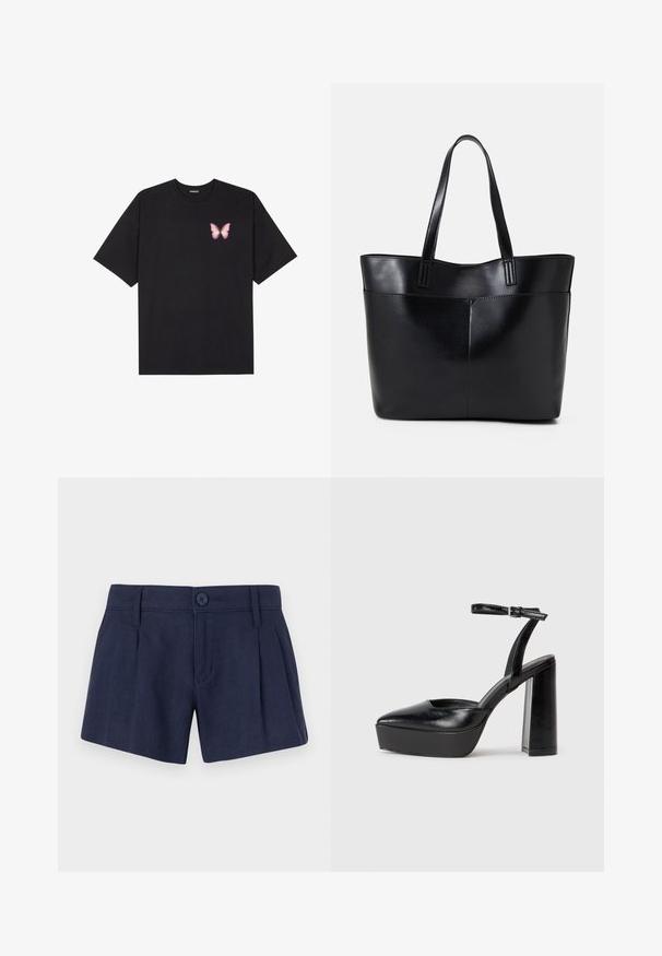 T-shirt de algodão preto com mangas curtas, apresentando um pequeno gráfico de borboleta rosa no lado esquerdo do peito. Design de gola redonda com um corte solto.; Calções de linho azul-marinho com uma textura suave, apresentando pregas frontais, um fecho com um único botão e passantes de cinto padrão.; Saltos altos pretos com bico fino e atilho ajustável no tornozelo. Confeccionados em couro suave, apresentam um salto bloco robusto.; Bolsa tote preta em couro com duas alças longas, textura suave e forma estruturada. Apresenta um bolso frontal para armazenamento adicional.