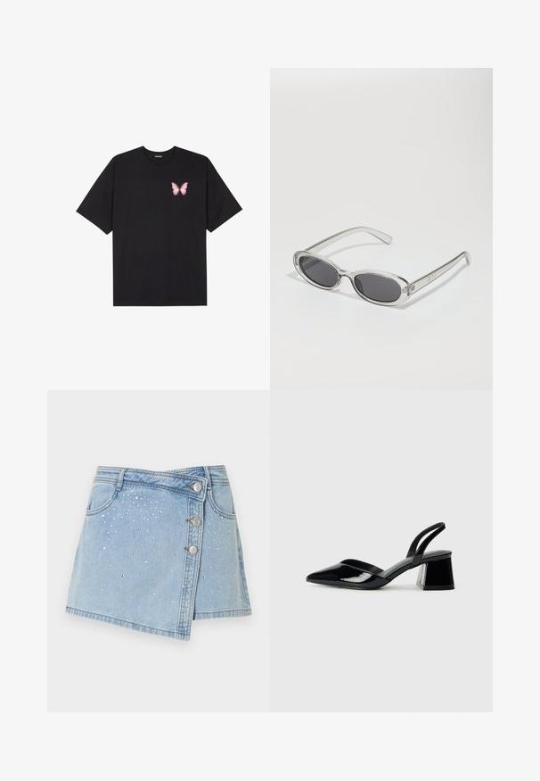 T-shirt de algodão preto com mangas curtas, apresentando um pequeno gráfico de borboleta rosa no lado esquerdo do peito. Design de gola redonda com um corte solto.; Saia de ganga em azul claro, com um design envolvente, múltiplos botões prateados e tachas prateadas decorativas dispostas em um padrão degradê.; Sandy em verniz preto com salto slingback, ponta afilada e salto geométrico. Apresenta um design elegante e minimalista com textura suave.; Óculos de sol com formato oval, armação de plástico transparente, lentes cinza-escuro e hastes finas transparentes com detalhes do logótipo e um design minimalista.