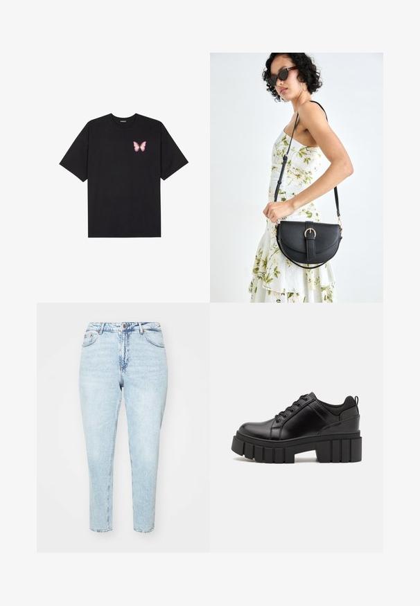 Svart bomulls T-skjorte med korte ermer, med en liten rosa sommerfugl grafikk på venstre bryst. Crew-neck design med en avslappet passform.; Lyseblå denimjeans med høy midje, tapered ben og rå kant. Har klassisk fem-lommers design og metallknappelukking.; Svarte lærplattformsko med kraftig blokkhell, rund tå og tradisjonell snøring. Har en jevn tekstur og minimal detaljering.; Svart lærveske med en buet form, avtagbar stropp og gullbeslag. Vesken har et klaff med spenne-detall.