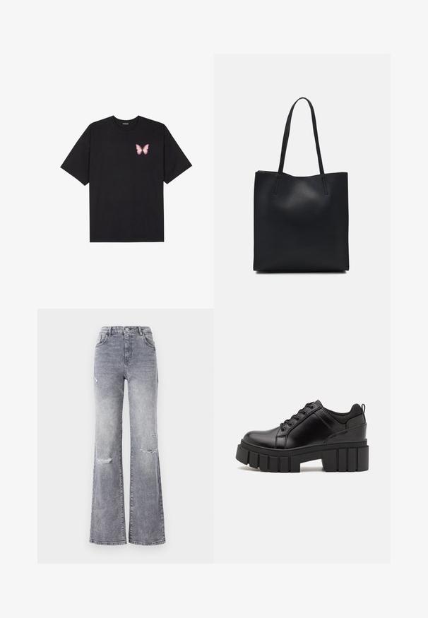 Črna bombažna majica s kratkimi rokavi, ki ima majhen roza metuljček na levi strani prsnega dela. Majica s krožnim ovratnikom in sproščenim krojem.; Sive visoke hlače iz denima s razširjeno nogo, ki imajo poškodovane podrobnosti na kolenih, klasičen pet-pocket dizajn in tonirano šivanje.; Črne usnjene platforme z debelim blokastim petam, okroglo konico in klasičnim vezanjem. Imajo gladko teksturo in minimalne podrobnosti.; Črna usnjena torba s svilnato teksturo, pravokotne oblike in dvema dolgima ročajema. Brez vidnih metalnih delov ali okrasnih elementov.