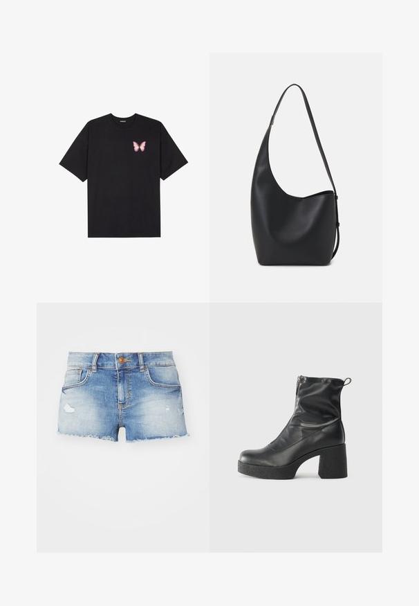 Svart bomulls T-skjorte med korte ermer, med en liten rosa sommerfugl grafikk på venstre bryst. Crew-neck design med en avslappet passform.; Denimshorts i lys blå med en slitt finish, frynset kant, femlom design og en enkelt knappelukking foran.; Svarte ankelstøvler laget av glatt lær, med glidelås på siden, chunky strukturert hæl, og rund tå-design.; Svart lær hobo-veske med glatt tekstur, buet form og enkelt justerbart stropp; har en bred åpning på toppen.
