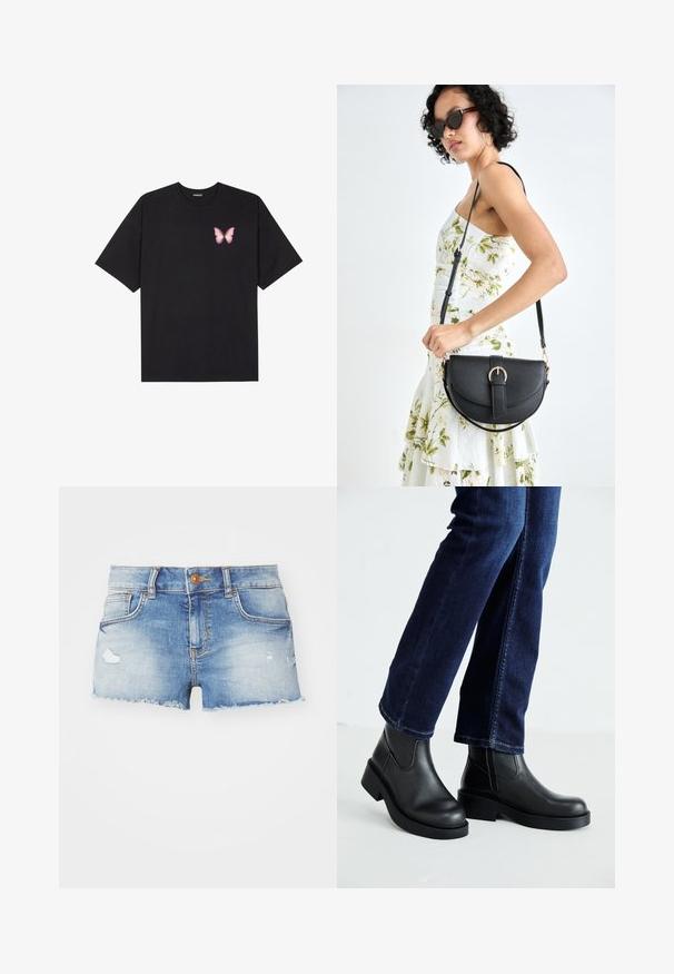 Czarny bawełniany t-shirt z krótkim rękawem, z małym różowym motylkiem na lewej piersi. Klasyczny dekolt z luźnym fasonem.; Jasnobłękitne szorty dżinsowe z postarzanym wykończeniem, strzępionym dołem, pięcioma kieszeniami i pojedynczym zapięciem na guzik z przodu.; Czarne skórzane botki za kostkę z grubą podeszwą oraz bocznymi elastycznymi panelami, w zestawieniu z ciemnoniebieskimi dżinsami. Podłoże jest jasne.; Czarna skórzana torebka o zakrzywionym kształcie, z odpinanym paskiem i złotymi akcentami. Torebka posiada klapę z zapięciem w kształcie klamry.