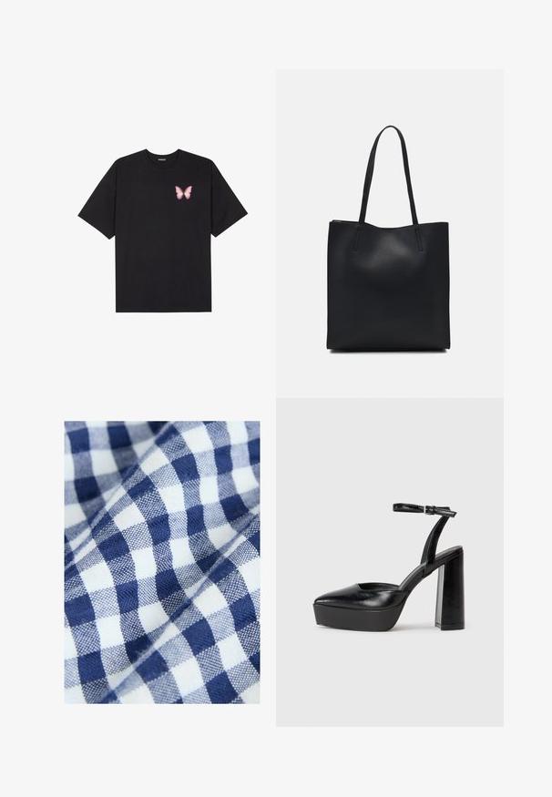 Sort bomulds T-shirt med korte ærmer, prydet med en lille pink sommerfugl grafik på venstre bryst. Rund hals design med en afslappet pasform.; Bomuldsstof med et blåt og hvidt gingham-mønster har små, jævne tern. Teksturen ser vævet og glat ud.; Sorte platformhæle med spidse tæer og justerbar ankelrem. Construeret i glat læder, med en kraftig blokhæl.; Sort læder tote taske med glat tekstur, rektangulær form og to lange hanke. Ingen synlig hardware eller udsmykninger.