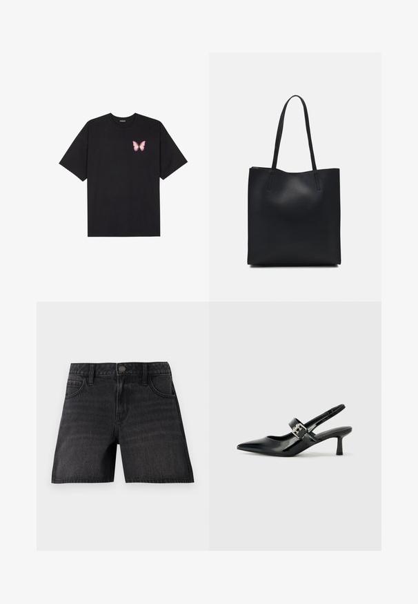 Melna kokvilnas T-krekls ar īsām piedurknēm, kuram priekšā kreisajā pusē ir neliels rozā tauriņa grafiskais attēls. Ar apaļu kaklu un brīvā stila piegriezumu.; Melni džinsi šorti ar klasisku griezumu, kas piedāvā piecus kabatas, pogu aizdari un vieglu izbalēšanu auduma tekstūrā.; Melnas lakotas ādas sūkņa kurpes ar norādītu purngali un mazu bloku papēdi, ar sudraba sprādzi akcentā uz jostas.; Melnas ādas somiņa ar gludu tekstūru, taisnstūra formu un divām garām rokturiem. Nav redzamu aparatūras vai rotājumu.