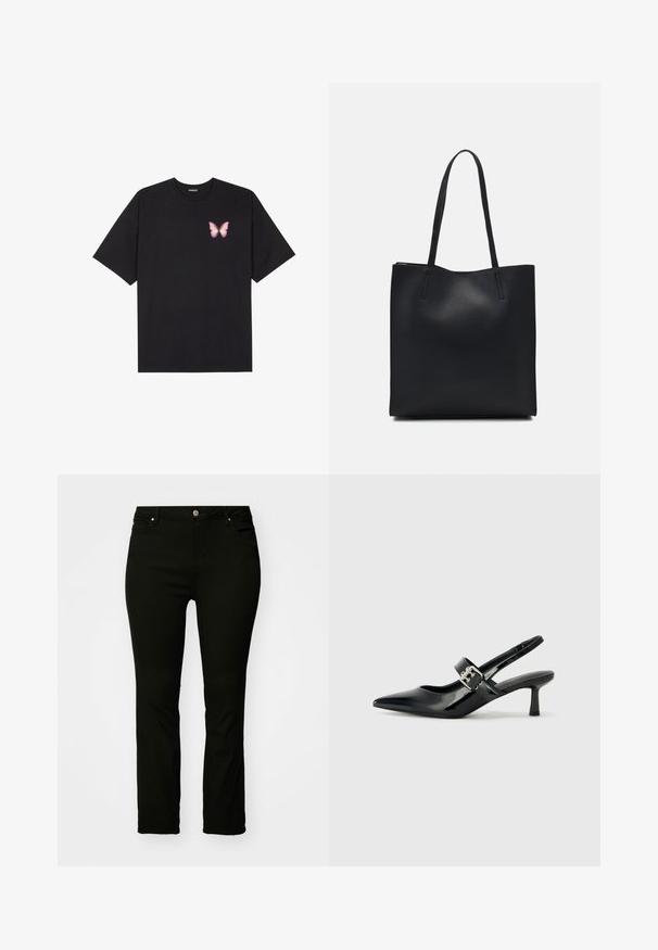 Black cotton t-shirt with short sleeves, featuring a small pink butterfly graphic on the left chest. Crew neck design with a relaxed fit.; Black denim jeans featuring a straight cut, five-pocket design, metal button, and subtle stitching details. Smooth texture, versatile style.; Black patent leather slingback heels with a pointed toe and a small block heel, featuring a silver buckle accent on the strap.; Black leather tote bag with smooth texture, rectangular shape, and two long handles. No visible hardware or embellishments.