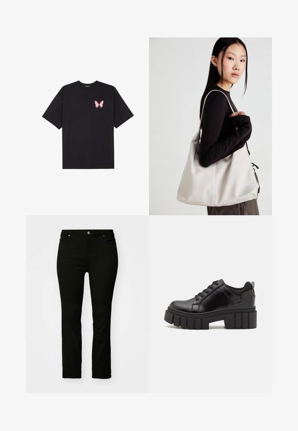 Tricou negru din bumbac cu mâneci scurte, având pe partea stângă a pieptului un mic grafic cu un fluture roz. Design cu guler rotund și croială lejeră.; Jeans din denim negru cu croială dreaptă, design cu cinci buzunare, capac metalic și detalii de cusătură subtile. Textură netedă, stil versatil.; Pantofi cu talpă plată din piele neagră, cu toc gros, vârf rotund și design tradițional cu șireturi. Prezintă o textură netedă și detalii minime.; Geantă bej din material moale, cu un design lejer, detalii cusute și două bretele pentru umăr. Potrivită pentru utilizarea zilnică.