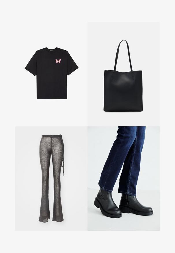 Black cotton t-shirt with short sleeves, featuring a small pink butterfly graphic on the left chest. Crew neck design with a relaxed fit.; Flared, knitted pants in dark gray with an open weave design. Features a drawstring waist and textured fabric.; Black leather ankle boots with a chunky sole and side elastic panels, paired with dark blue jeans. The ground is light-colored.; Black leather tote bag with smooth texture, rectangular shape, and two long handles. No visible hardware or embellishments.