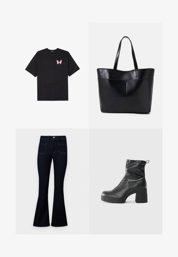 Svart bomulls T-skjorte med korte ermer, med en liten rosa sommerfugl grafikk på venstre bryst. Crew-neck design med en avslappet passform.; Mørkeblå flagrende jeans med høy midje, laget av denim, med to baklommer og kontrastsømmer langs sømmene.; Svarte ankelstøvler laget av glatt lær, med glidelås på siden, chunky strukturert hæl, og rund tå-design.; Svart lær toteveske med to lange håndtak, en glatt tekstur og en strukturert form. Har en frontlomme for ekstra oppbevaring.