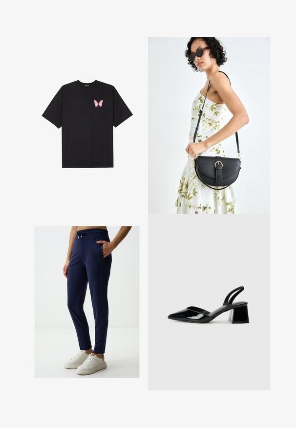 Czarny bawełniany t-shirt z krótkim rękawem, z małym różowym motylkiem na lewej piersi. Klasyczny dekolt z luźnym fasonem.; Granatowe, dopasowane spodnie wykonane z miękkiego materiału, z elastycznym paskiem z złotymi akcentami oraz bocznymi kieszeniami. Noszone z białymi sneakersami.; Czarne lakierowane półbuty na obcasie z wydłużonym noskiem i geometrycznym słupkiem. Charakteryzują się eleganckim, minimalistycznym designem oraz gładką fakturą.; Czarna skórzana torebka o zakrzywionym kształcie, z odpinanym paskiem i złotymi akcentami. Torebka posiada klapę z zapięciem w kształcie klamry.
