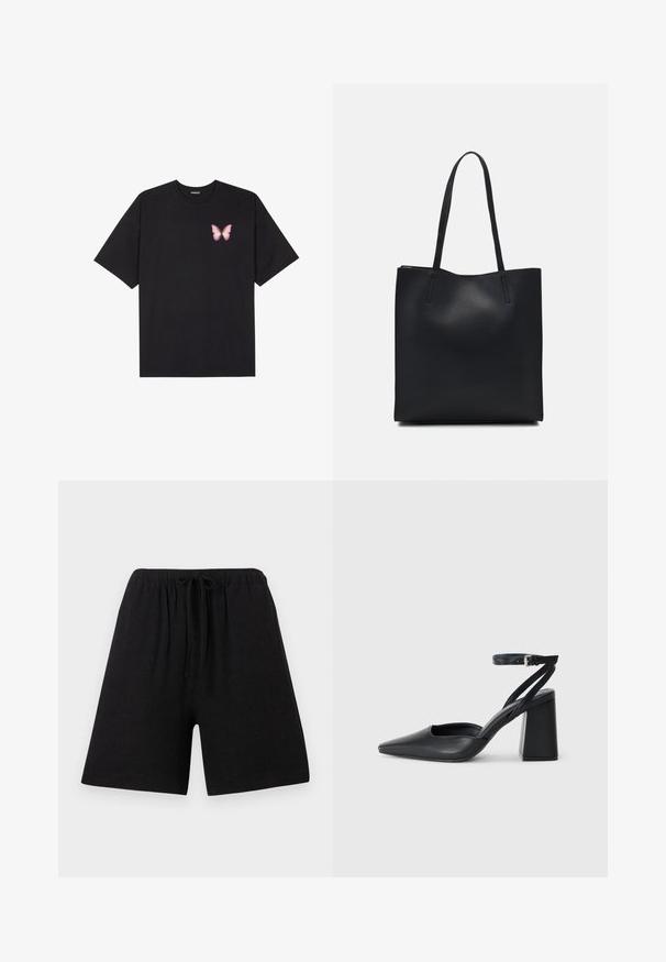 T-shirt en coton noir à manches courtes, avec un petit graphique de papillon rose sur la poitrine gauche. Modèle à col rond avec une coupe décontractée.; Shorts en lin noir avec une taille élastique et un cordon de serrage. Coupe droite, longueur genoux, tissu texturé, sans motifs ou accents visibles.; Escarpin noir en cuir à bout pointu avec une bride de cheville et un talon épais. Texture lisse, design élégant et esthétique minimaliste.; Sac fourre-tout en cuir noir avec une texture lisse, de forme rectangulaire et deux longues poignées. Pas de matériel ou d'ornementations visibles.