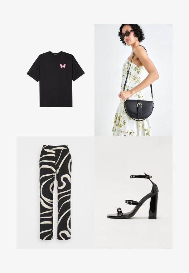 Black cotton t-shirt with short sleeves, featuring a small pink butterfly graphic on the left chest. Crew neck design with a relaxed fit.; Black pants featuring a high waistband, wide legs, and a bold white abstract swirl pattern. Made from smooth, lightweight fabric.; Black patent high-heeled sandals with two buckle straps, square toe, and a chunky block heel, featuring a smooth, glossy texture.; Black leather handbag with a curved shape, detachable strap, and gold hardware. The bag features a flap with a buckle detail.