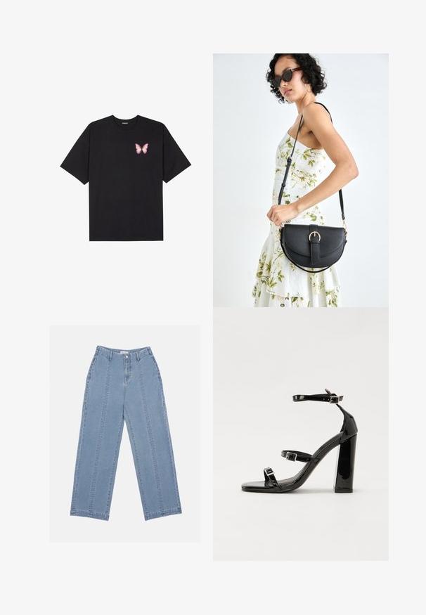 Musta puuvillapaita lyhyillä hihoilla, jossa on pieni vaaleanpunainen perhosgrafiikka vasemmassa rinnassa. Pyöreä kaula-aukko ja rento istuvuus.; Vaaleansiniset leveät farkut, jotka on valmistettu denimistä. Ominaisuuksiin kuuluu korkea vyötärö, nappilukitus ja näkyvät saumat. Etupuolella ei ole näkyviä taskuja.; Musta kiiltäväpintainen korkokengät, joissa on kaksi solkikiinnitystä, neliönmuotoinen kärki ja paksu korko, sileällä, kiiltävällä pintarakenteella.; Musta nahkainen käsilaukku, joka on kaareva muotoilultaan, irrotettavalla hihnalla ja kultaisilla yksityiskohdilla. Laukussa on läppä, jossa on solk yksityiskohta.