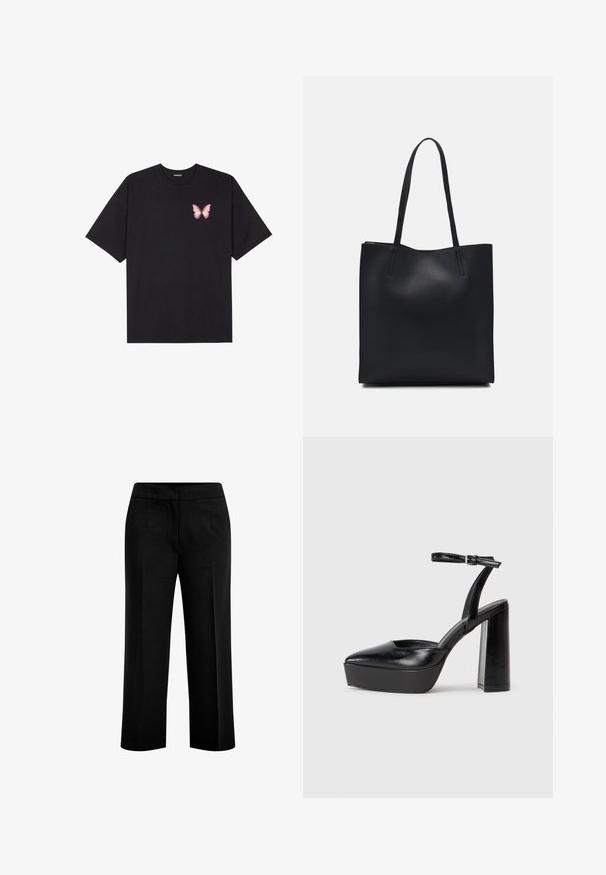 T-shirt en coton noir à manches courtes, avec un petit graphique de papillon rose sur la poitrine gauche. Modèle à col rond avec une coupe décontractée.; Pantalons noirs à jambes larges en tissu lisse, dotés de deux poches avant et d'une taille plate. Conception ajustée avec une silhouette épurée.; Escarpins noirs à plateforme avec un bout pointu et une sangle réglable à la cheville. Conçus en cuir lisse, avec un large talon bloc.; Sac fourre-tout en cuir noir avec une texture lisse, de forme rectangulaire et deux longues poignées. Pas de matériel ou d'ornementations visibles.