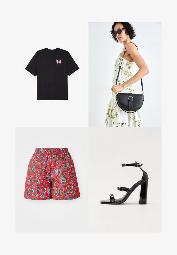 Juodas medvilnės marškinėliai trumpomis rankovėmis, su maža rožine drugelio grafika kairėje krūtinės pusėje. Apvalus kaklo iškirpimas, laisvas kirpimas.; Raudoni gėlėti šortai su elastinga juosta. Puošia mėlynų ir žalių gėlių raštai, turi lygų tekstūrą ir laisvą prigludimą.; Juodos patentuotos aukštakulnės basutės su dviem sagtelėmis, kvadratine nosimi ir stambiu blokiniu kulnu, pasižyminčios lygiu, blizgiu paviršiumi.; Juodas odinis krepšys su išlenkta forma, nuimamu dirželiu ir auksiniais detalėmis. Krepšys turi kilpą su sagtimi.