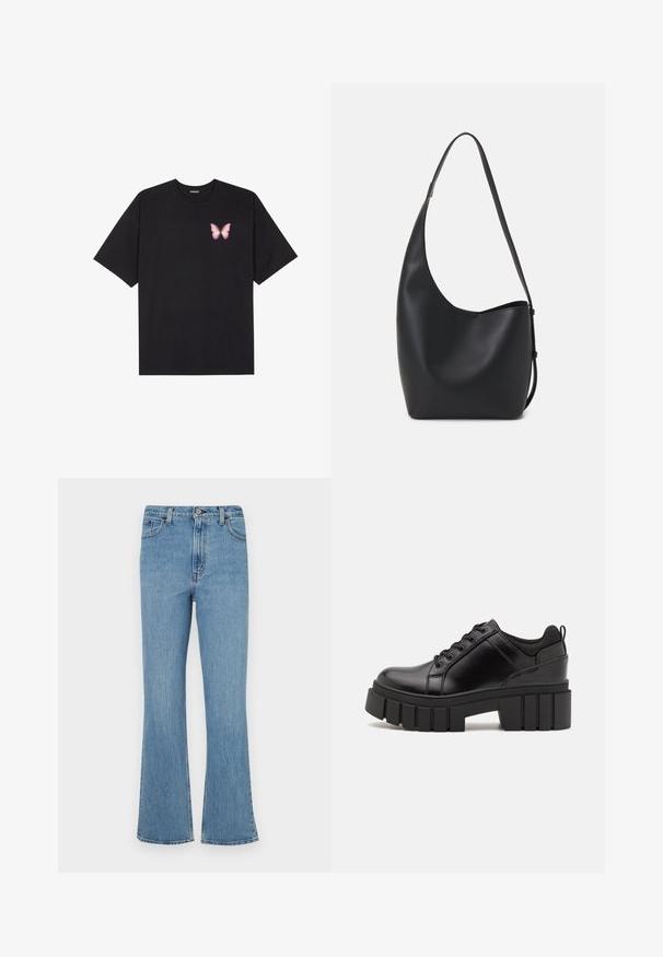 Black cotton t-shirt with short sleeves, featuring a small pink butterfly graphic on the left chest. Crew neck design with a relaxed fit.; Light blue denim flared jeans with a high waist, featuring five pocket styling, belt loops, and a faded finish.; Black leather platform shoes with a chunky block heel, round toe, and traditional lace-up design. Features smooth texture and minimal detailing.; Black leather hobo bag with a smooth texture, curved shape, and single adjustable strap; features a wide opening at the top.