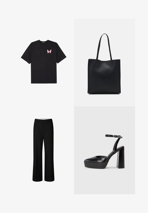 Zwarte katoenen t-shirt met korte mouwen, voorzien van een kleine roze vlinder graphic op de linkerkant van de borst. Crew neck ontwerp met een relaxte fit.; Zwarte wijde broek met een soepele stof, een op maat gemaakte tailleband en scherpe plooien. De boorden zijn netjes omgevouwen zonder zichtbare hardware.; Zwarte plateauhakken met een puntige neus en verstelbare enkelband. Gemaakt van soepel leer, met een robuuste blokhak.; Zwarte leren handtas met een gladde textuur, rechthoekige vorm en twee lange handvaten. Geen zichtbare hardware of versieringen.