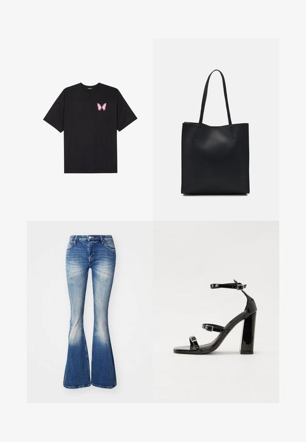 Black cotton t-shirt with short sleeves, featuring a small pink butterfly graphic on the left chest. Crew neck design with a relaxed fit.; Blue flared jeans made of denim with a faded wash. Features include a fitted waist, five-pocket design, and slight distressing at the hems.; Black patent heeled sandals with a square toe, ankle straps, and silver buckles. Features a chunky block heel for stability.; Black leather tote bag with smooth texture, rectangular shape, and two long handles. No visible hardware or embellishments.