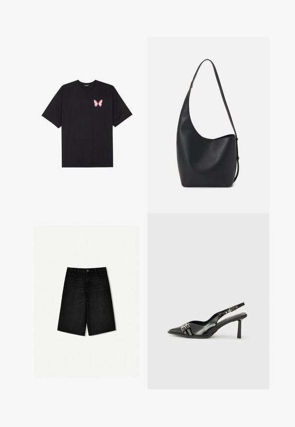 Črna bombažna majica s kratkimi rokavi, ki ima majhen roza metuljček na levi strani prsnega dela. Majica s krožnim ovratnikom in sproščenim krojem.; Črne jeans kratke hlače z ohlapnim krojem, z običajnim pasom, sprednjimi žepi in ravnim krojem, ki se konča tik nad kolenom.; Črne patentne usnjene sandale s koničastim nosom, zankami okoli gležnja s srebrnimi sponkami in opremo ter vitkimi petami.; Črna usnjena hobo torba z gladko teksturo, ukrivljeno obliko in eno nastavljivo naramnico; ima širok odprtina na vrhu.