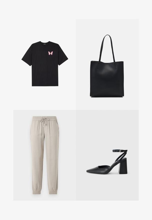 Black cotton t-shirt with short sleeves, featuring a small pink butterfly graphic on the left chest. Crew neck design with a relaxed fit.; Light beige jogger pants made of soft fabric, featuring an elastic waistband with a drawstring, side pockets, and elastic cuffs.; Black leather pointy-toe pump with an ankle strap and a chunky heel. Flat texture, sleek design, and minimalistic aesthetics.; Black leather tote bag with smooth texture, rectangular shape, and two long handles. No visible hardware or embellishments.