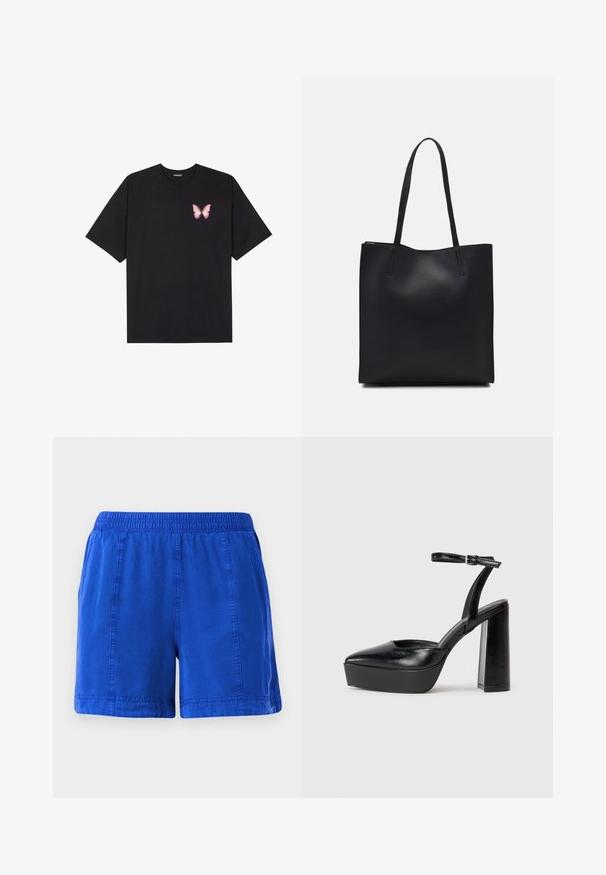 Melna kokvilnas T-krekls ar īsām piedurknēm, kuram priekšā kreisajā pusē ir neliels rozā tauriņa grafiskais attēls. Ar apaļu kaklu un brīvā stila piegriezumu.; Zili kokvilnas šorti ar elastīgu jostasvietu, sānu kabatām un šūtu vīli, ar gludu faktūru un ikdienišķu dizainu.; Melnas platformas papēžs ar norādītu purngala formu un regulējamu potītes siksniņu. Izgatavotas no gludas ādas, ar masīvu bloku papēdi.; Melnas ādas somiņa ar gludu tekstūru, taisnstūra formu un divām garām rokturiem. Nav redzamu aparatūras vai rotājumu.