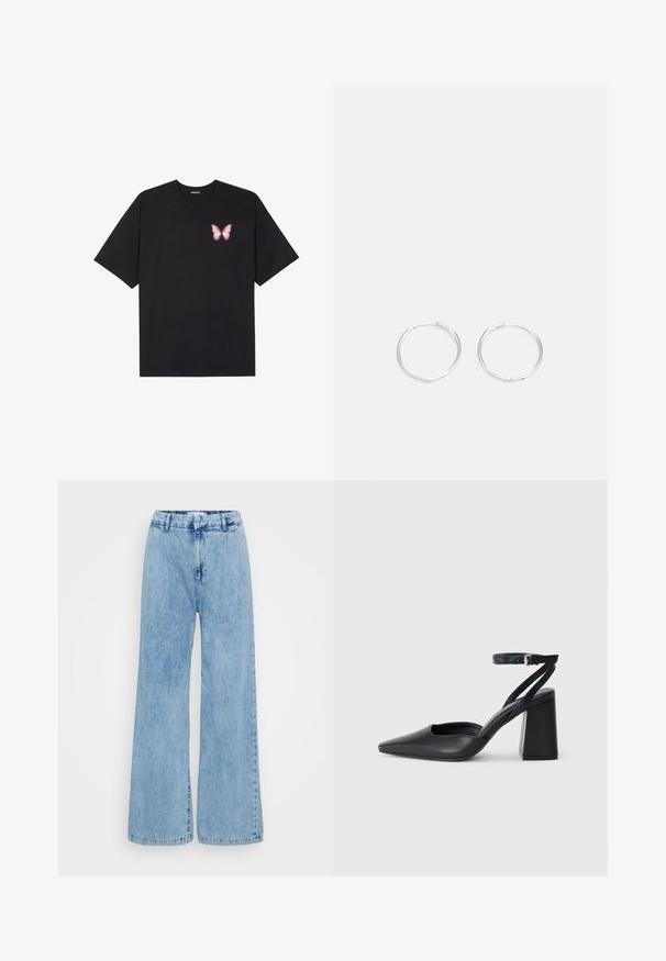 Crna pamučna majica s kratkim rukavima, s malim grafičkim prikazom ružičaste vjetricaste s desne strane na prsima. Dizajn s okruglim izrezom i opuštenim krojem.; Svijetloplave široke traperice izrađene od denima, s visokim strukom, prednjim kopčanjem na dugme i suptilnim izblijedjenjem po tkanini.; Crne kožne cipele s špicastim vrhom, remenom oko gležnja i debelim potplatom. Ravna tekstura, elegantan dizajn i minimalistička estetika.; Srebrne okrugle naušnice jednostavnog dizajna, s glatkom površinom i bez vidljivih ukrasa. Promjer nije specificiran.