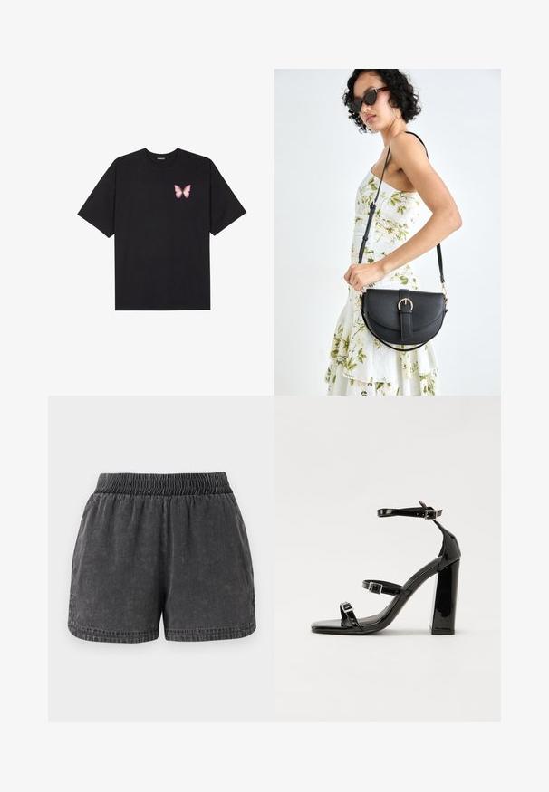 Črna bombažna majica s kratkimi rokavi, ki ima majhen roza metuljček na levi strani prsnega dela. Majica s krožnim ovratnikom in sproščenim krojem.; Črne denim kratke hlače z elastičnim pasom, subtilno teksturo in stranskimi žepi; sproščen kroj s koncem, ki se konča tik nad stegnom.; Črne lakaste sandale z visokimi petami, z dvema trakovoma z zaponkama, kvadratnim sprednjim delom in masivno širšo peto, z gladko, sijočo teksturo.; Črna usnjena torbica s ukrivljeno obliko, z odstranljivo naramnico in zlatimi dodatki. Torbica ima pokrov s podrobnostmi v obliki zaponke.