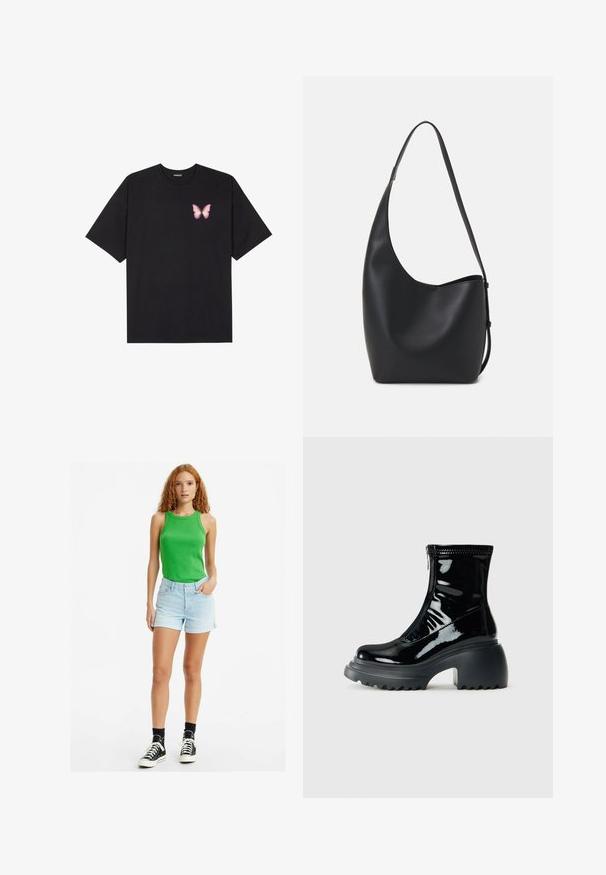 Musta puuvillapaita lyhyillä hihoilla, jossa on pieni vaaleanpunainen perhosgrafiikka vasemmassa rinnassa. Pyöreä kaula-aukko ja rento istuvuus.; Vihreä istuva hihaton paita, vaaleansiniset farkkushortsit ja mustat korkeavartiset tennarit valkoisten nauhojen kanssa. Yksinkertainen, rento muotoilu, jossa on vain vähän yksityiskohtia.; Kiilamusta nilkkaboots, jossa on pyöreä kärki, paksu korko, vetoketj Closure ja paksu uritettu pohja valkoista taustaa vasten.; Musta nahkainen hobo-laukku, jossa on sileä pinta, kaareva muoto ja yksi säädettävä olkahihna; sisäänkäynti on leveä ylhäältä.