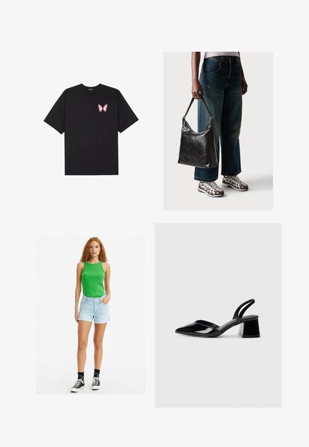 Musta puuvillapaita lyhyillä hihoilla, jossa on pieni vaaleanpunainen perhosgrafiikka vasemmassa rinnassa. Pyöreä kaula-aukko ja rento istuvuus.; Vihreä istuva hihaton paita, vaaleansiniset farkkushortsit ja mustat korkeavartiset tennarit valkoisten nauhojen kanssa. Yksinkertainen, rento muotoilu, jossa on vain vähän yksityiskohtia.; Mustat patentoitu nahkakengät, joissa on säären takaosa ja terävä kärki, sekä geometrinen palikkakorko. Sisältää tyylikkään, minimalistisen muotoilun ja sileän pinnan.; Musta nahkainen olkalaukku, jossa on sileä pinta ja säädettävä hihna, yhdistettynä haalistuneisiin leveälahkeisiin farkkuihin ja urheilukenkien kanssa.