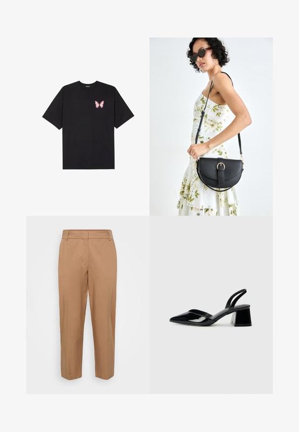 T-shirt en coton noir à manches courtes, avec un petit graphique de papillon rose sur la poitrine gauche. Modèle à col rond avec une coupe décontractée.; Pantalons beiges en tissu lisse, avec une coupe droite, des poches avant en biais et une finition épurée sans fermetures visibles.; Escarpins en cuir verni noir avec bout pointu et talon bloc géométrique. Présente un design élégant et minimaliste ainsi qu'une texture lisse.; Sac à main en cuir noir avec une forme courbée, bandoulière amovible et des accessoires en or. Le sac est doté d'un rabat avec un détail de boucle.
