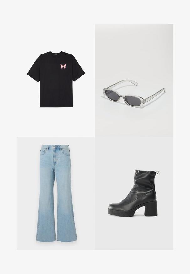 Sort bomulds T-shirt med korte ærmer, prydet med en lille pink sommerfugl grafik på venstre bryst. Rund hals design med en afslappet pasform.; Lysblå denimflared jeans med høj talje, featuring en klassisk knap- og lynlås-lukning, samt let slidser i stoffet.; Sorte ankelstøvler lavet af glat læder, med en sidelukning, kraftig struktureret hæl og rundt tådesign.; Solsikker med oval form, klar plastramme, mørkegrå linser og tynde gennemsigtige arme med logovariationer og minimal detaljer.