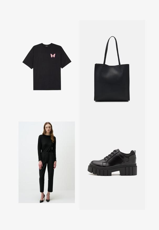 T-shirt nera in cotone con maniche corte, caratterizzata da una piccola grafica di una farfalla rosa sul lato sinistro del petto. Design a girocollo con una vestibilità rilassata.; Top lungo a maniche ribattute nero abbinato a pantaloni neri a vita alta con gamba dritta. Completato con tacchi alti neri a punta.; Scarpe platform in pelle nera con tacco a blocco robusto, punta rotonda e design tradizionale con lacci. Presentano una superficie liscia e dettagli minimi.; Borsa tote in pelle nera con texture liscia, forma rettangolare e due manici lunghi. Nessun hardware o decorazione visibile.