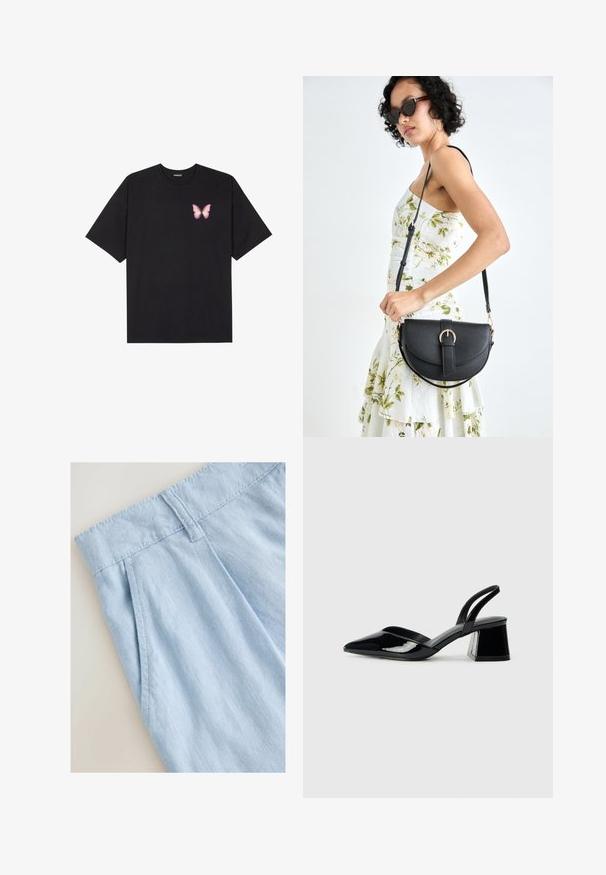 Črna bombažna majica s kratkimi rokavi, ki ima majhen roza metuljček na levi strani prsnega dela. Majica s krožnim ovratnikom in sproščenim krojem.; Svetlo modri laneni šorts s pregibnim dizajnom, ki ima pas in detajle šivanja. Gladka tekstura in sproščen stil.; Črne lakirane slingback pete s koničastim nosom in geometrijsko blokasto peto. Imajo eleganten, minimalističen dizajn in gladko teksturo.; Črna usnjena torbica s ukrivljeno obliko, z odstranljivo naramnico in zlatimi dodatki. Torbica ima pokrov s podrobnostmi v obliki zaponke.
