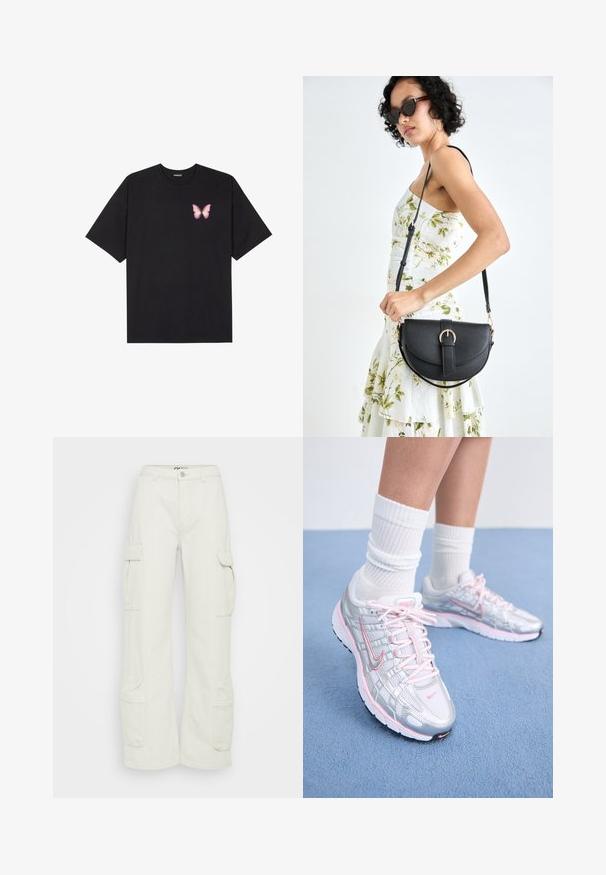 Černé bavlněné tričko s krátkým rukávem, na levém prsou s malou grafikou růžové motýlky. Design s kruhovým výstřihem a volným střihem.; Kargo kalhoty v off-white bavlněné barvě, s širokými nohavicemi, bočními kapsami a zapínáním na knoflík v pase. Hladký povrch s utilitárním designem.; Běžecké boty Nike s vrškem ze stříbrné síťoviny a růžovými akcenty, bílými tkaničkami a texturovanou podrážkou. Nosené s bílými bavlněnými sportovními ponožkami.; Černá kožená kabelka s křivkovým tvarem, odnímatelným popruhem a zlatými detaily. Kabelka má klopu s přezkou.