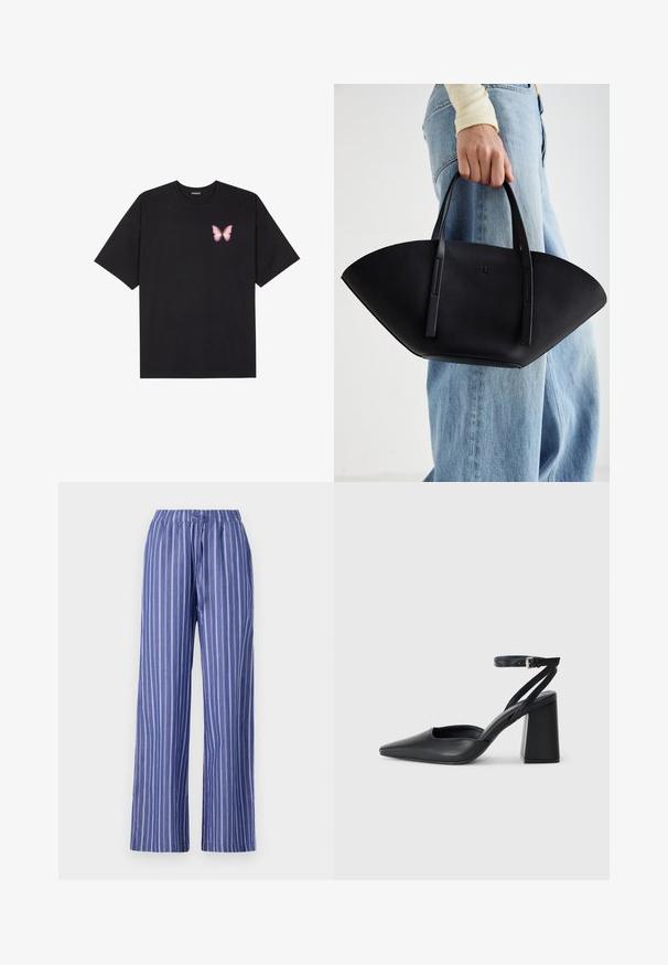 Fekete pamut póló rövid ujjakkal, bal mellkason egy kis rózsaszín pillangó grafikával. Kerek nyakú kialakítás, laza fazonnal.; Kék és fehér csíkos, bő szárú nadrág, rugalmas derékkal, könnyű anyagból készült, laza szabással és sima textúrával.; Fekete bőr, hegyes orrú magassarkú cipő boka pánttal és vastag sarokkal. Sima textúra, elegáns dizájn és minimális esztétika.; Fekete bőr kézitáska egyedi legyezőformával, lapos füllel. A felülete kőriszerű textúrájú és minimalista dizájnnal rendelkezik.